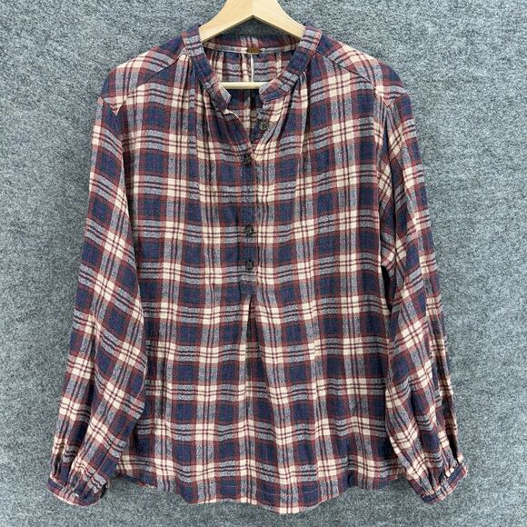 Free People Blouse Women S Small Blue Plaid V-Neck 1/2 Button Long Sleeve Cotton - Picture 1 of 8